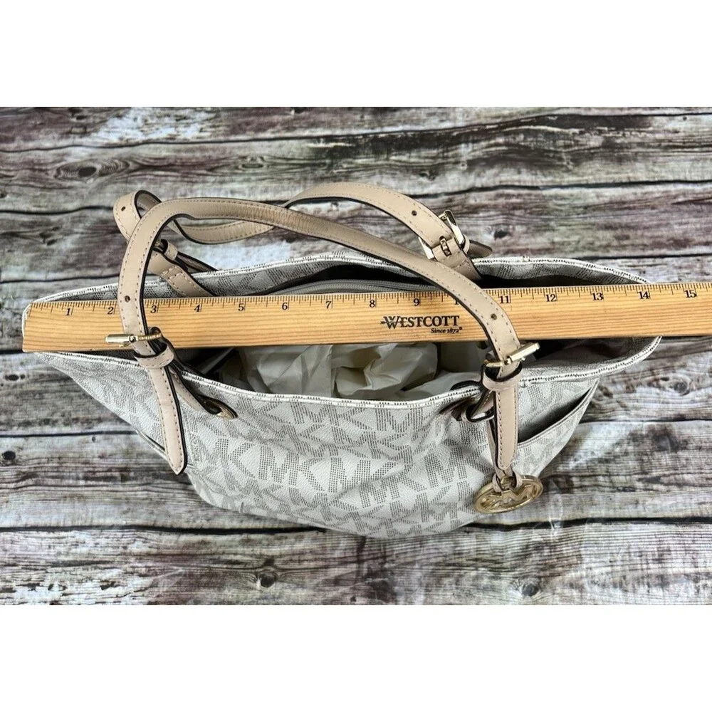 Michael Kors Large Jet Set Monogram Tote Cream & Tan Canvas Leather Shoulder Bag